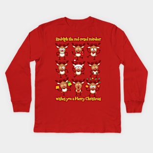 Rudolph the red-nosed reindeer wishes you a Merry Christmas in nine different ways Kids Long Sleeve T-Shirt